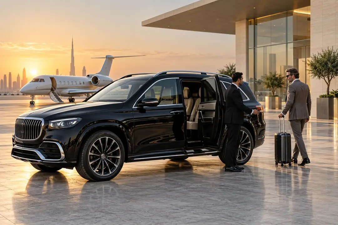 Chauffeur greeting a traveller beside a luxury vehicle at a Dubai private aviation terminal