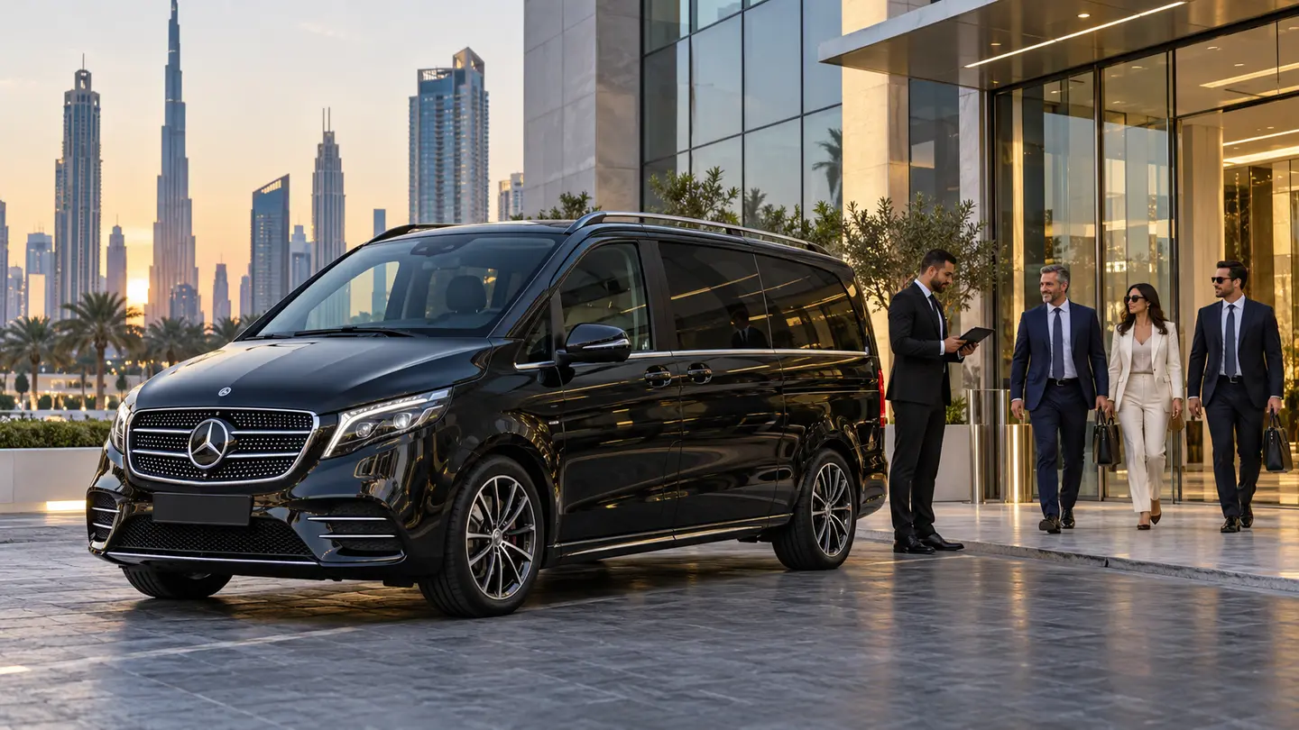 Black Mercedes V-Class illustrating a Dubai chauffeur itinerary