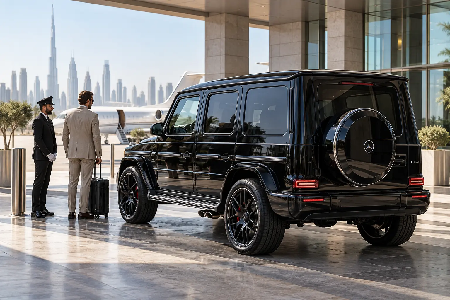 Black Mercedes G-Class near a private jet with chauffeur and traveller at a Dubai aviation facility