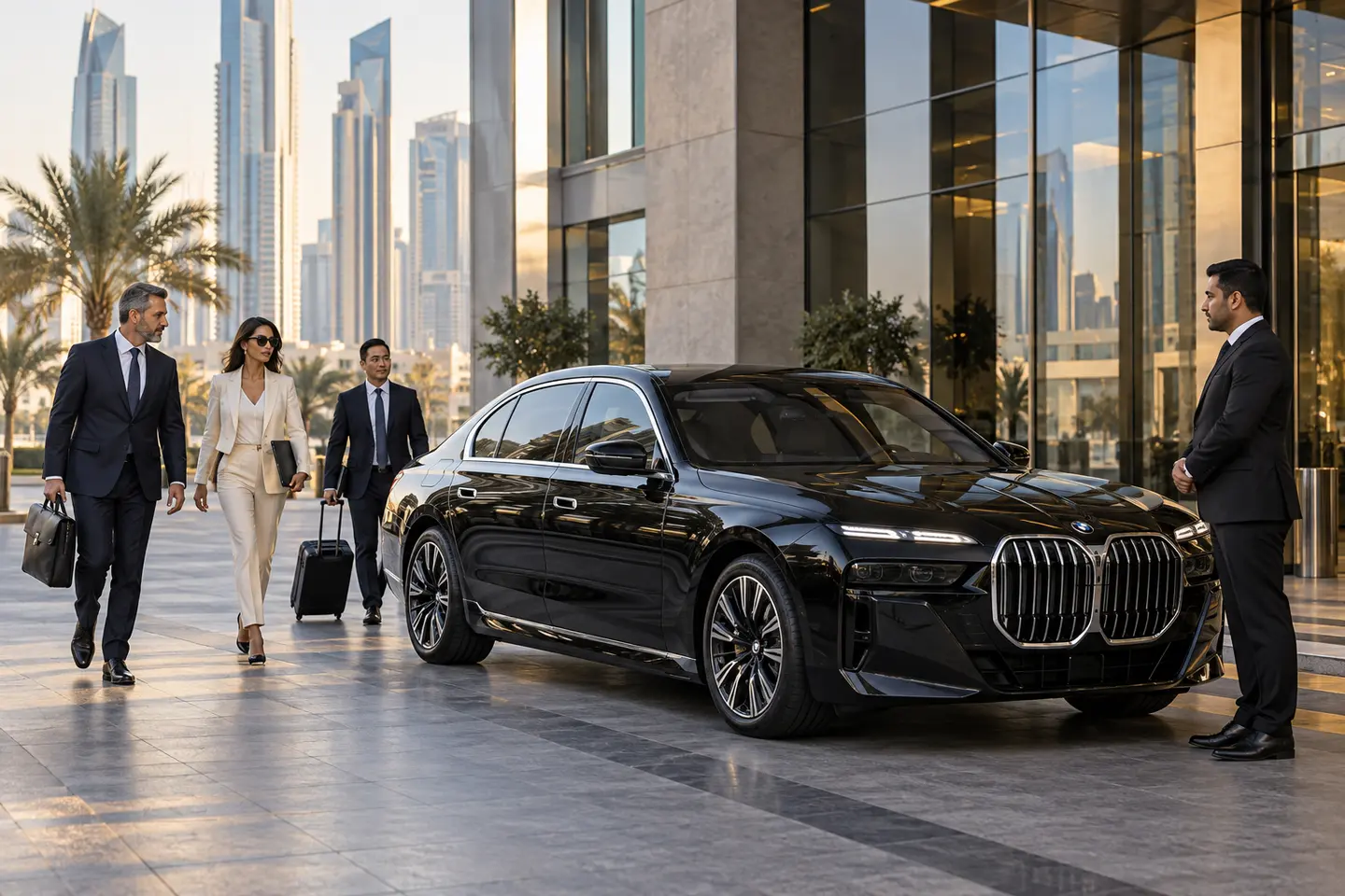 Black BMW 7 Series beside an executive team and chauffeur outside a Dubai office building