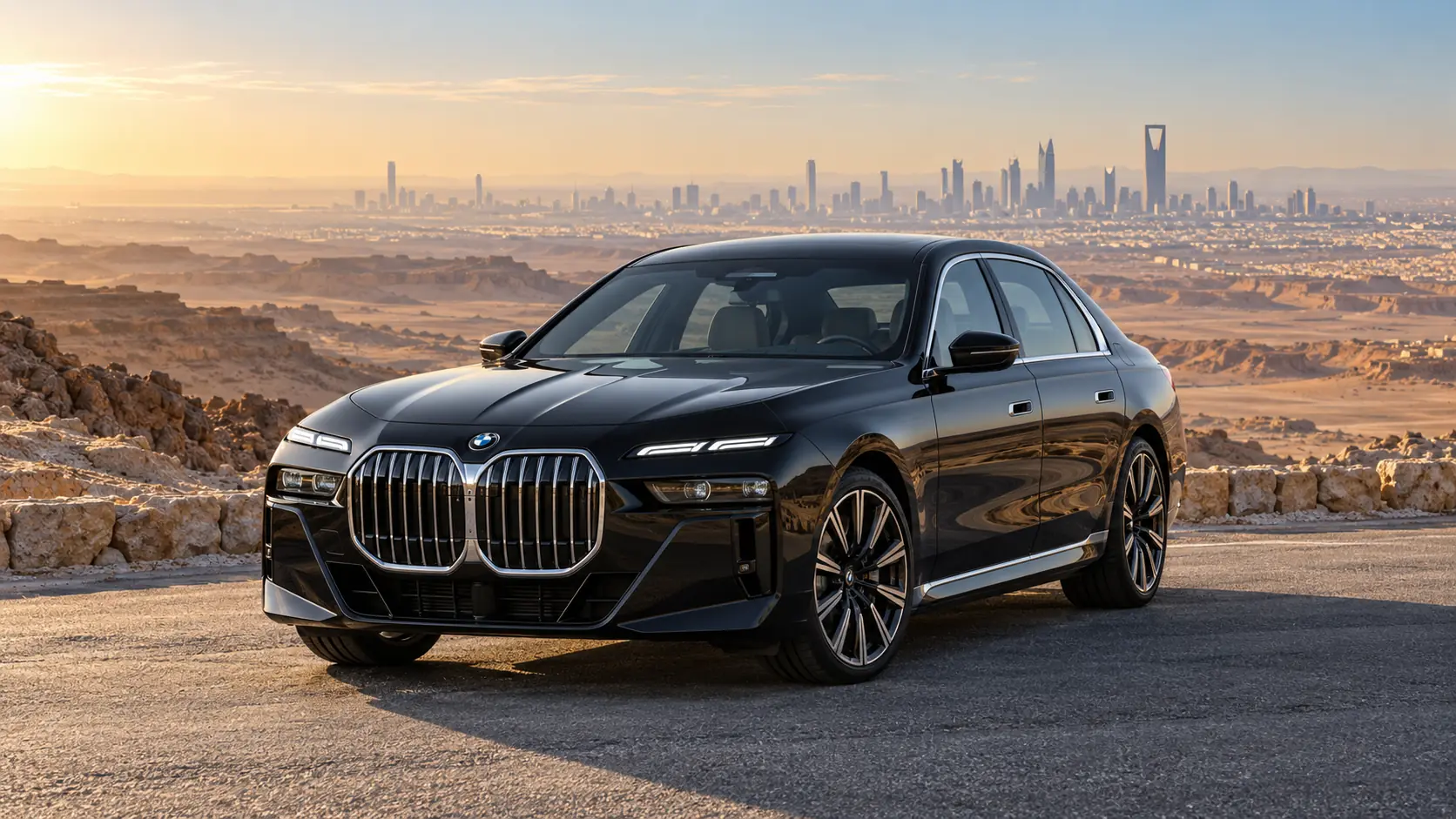 Modern black BMW 7 Series at a desert city viewpoint for executive road travel