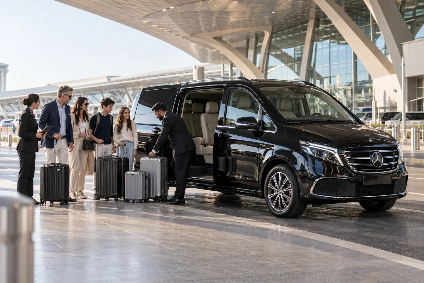 2026 Mercedes V-Class chauffeur pickup for family passengers and luggage at a Doha airport terminal