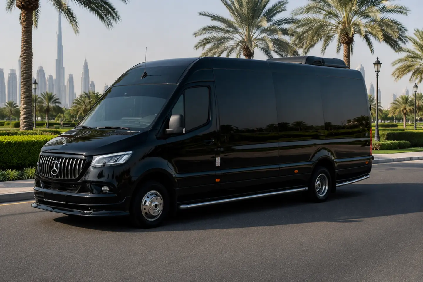 Illustrative black VIP-style Sprinter conversion in Dubai for a fourteen-passenger supplier enquiry