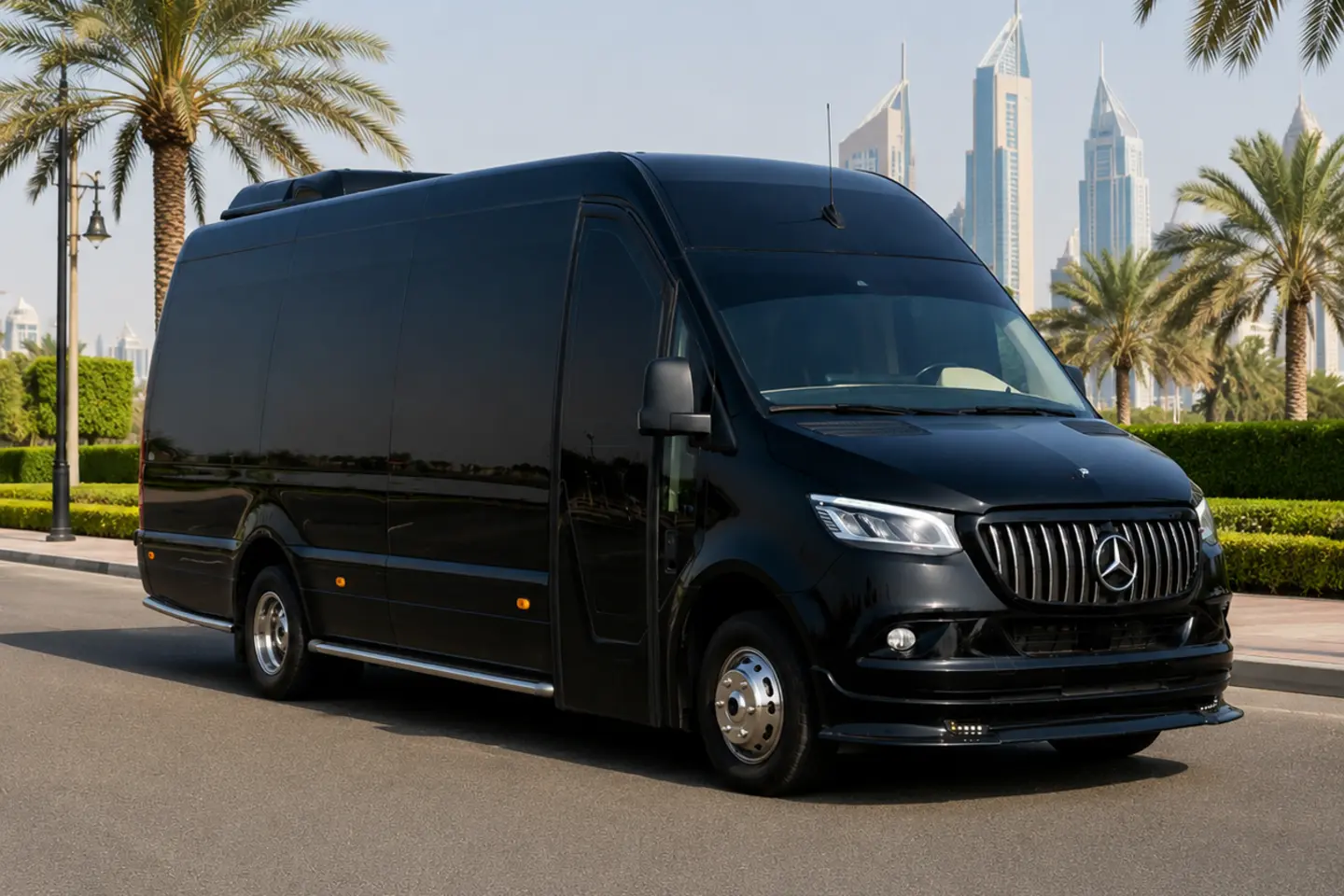 Illustrative black long-wheelbase VIP-style Sprinter van with closed doors in Dubai for a fourteen-seat supplier enquiry