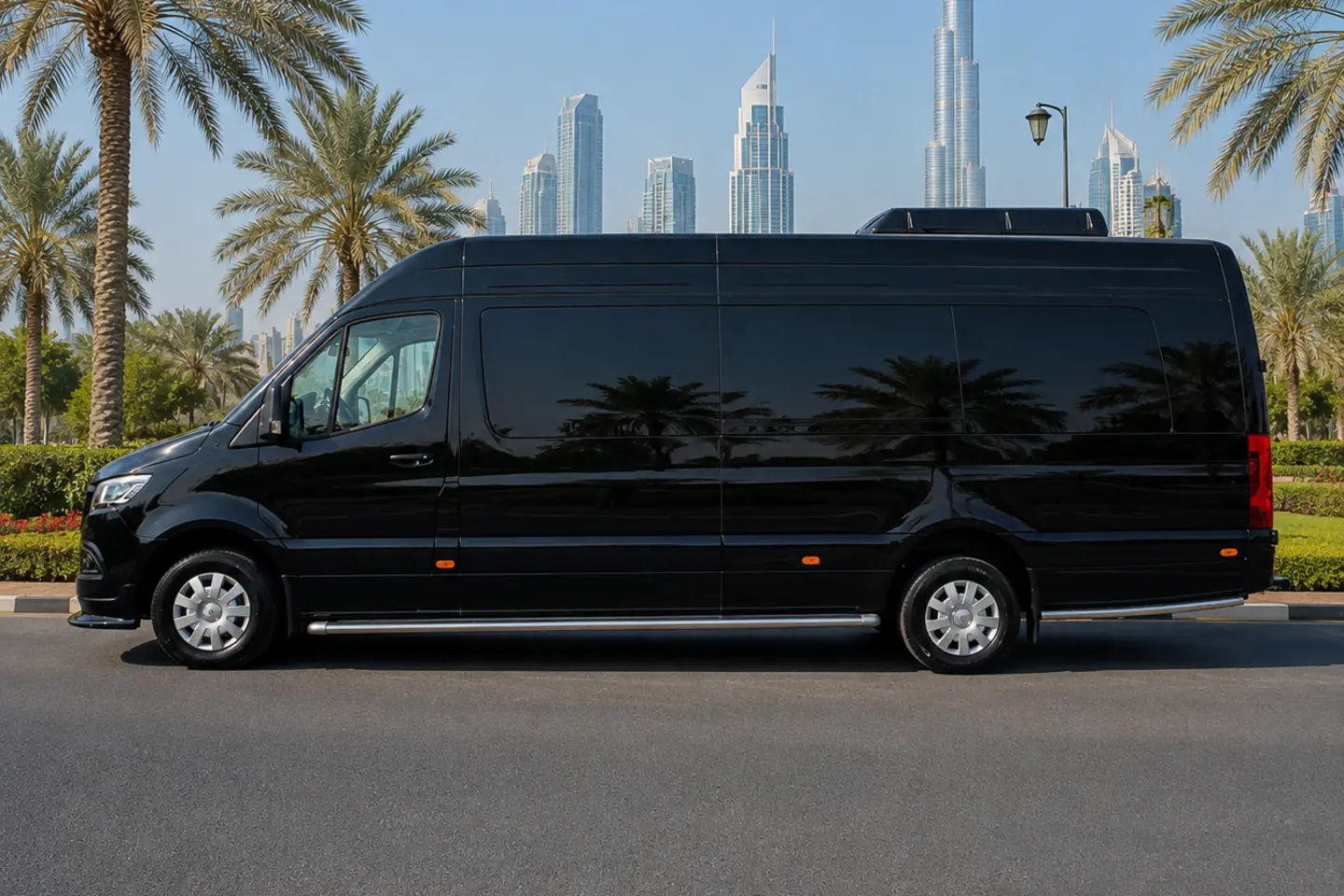 Illustrative black Mercedes Sprinter group van in Dubai for a 16-passenger supplier enquiry