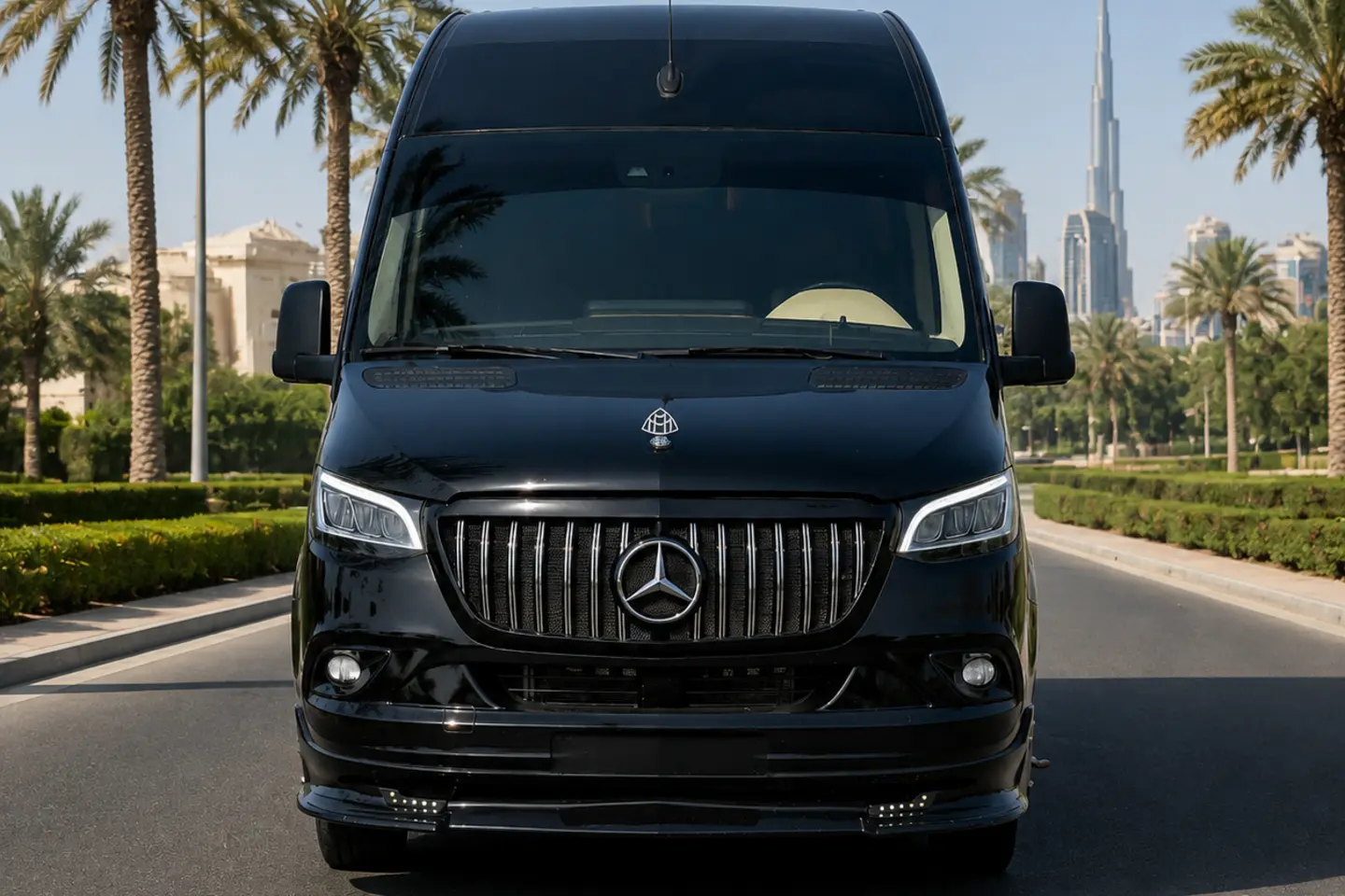 Illustrative black VIP-style Sprinter conversion in Dubai for a sixteen-passenger supplier enquiry
