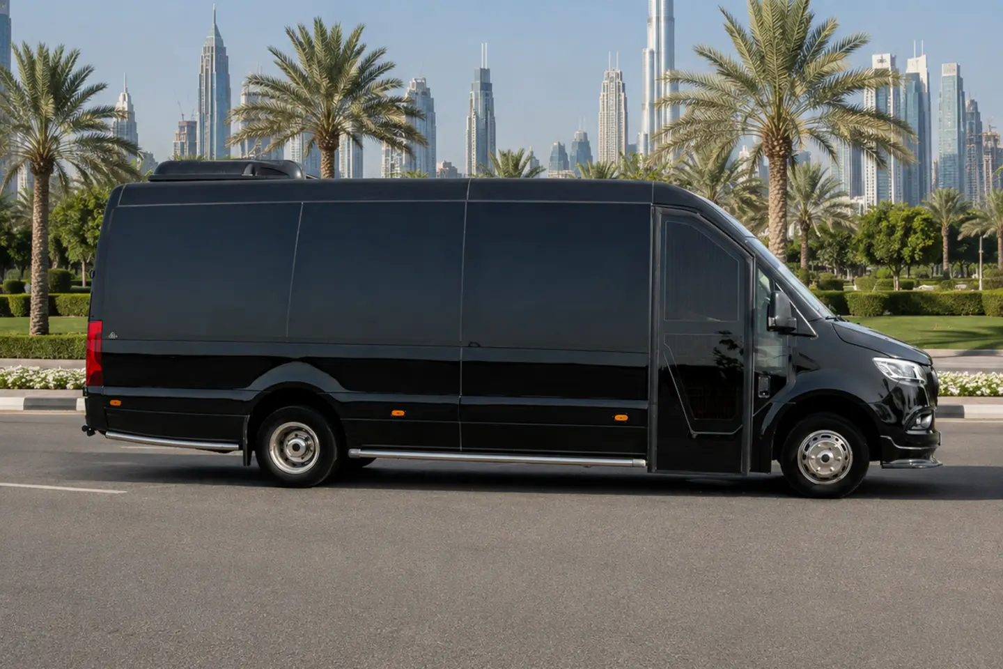 Illustrative side profile of a black VIP-style Sprinter conversion with closed doors in Dubai