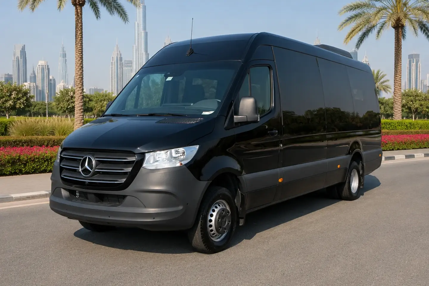 Illustrative long black Mercedes Sprinter in Dubai for a 19-passenger supplier enquiry