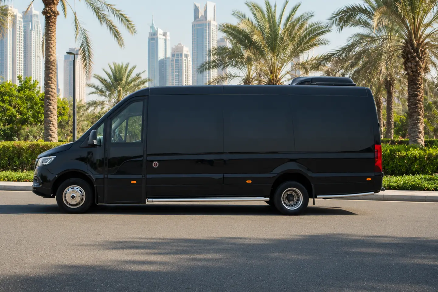 Illustrative long black Mercedes Sprinter in side profile for a Dubai group transport enquiry