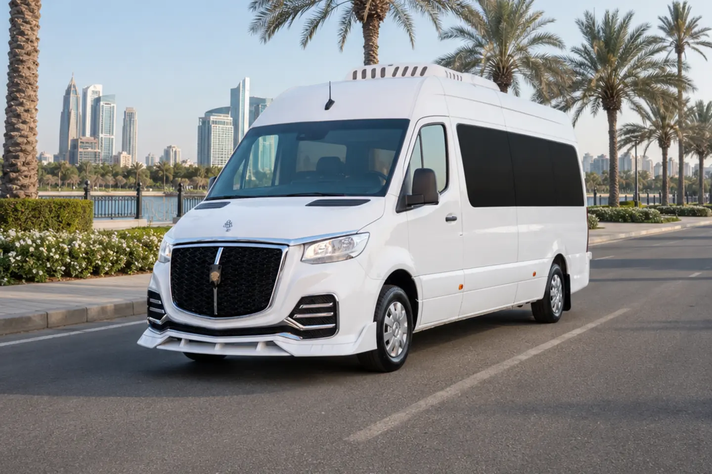 Illustrative white VIP-style Sprinter conversion on a Dubai road with its doors closed, subject to supplier verification