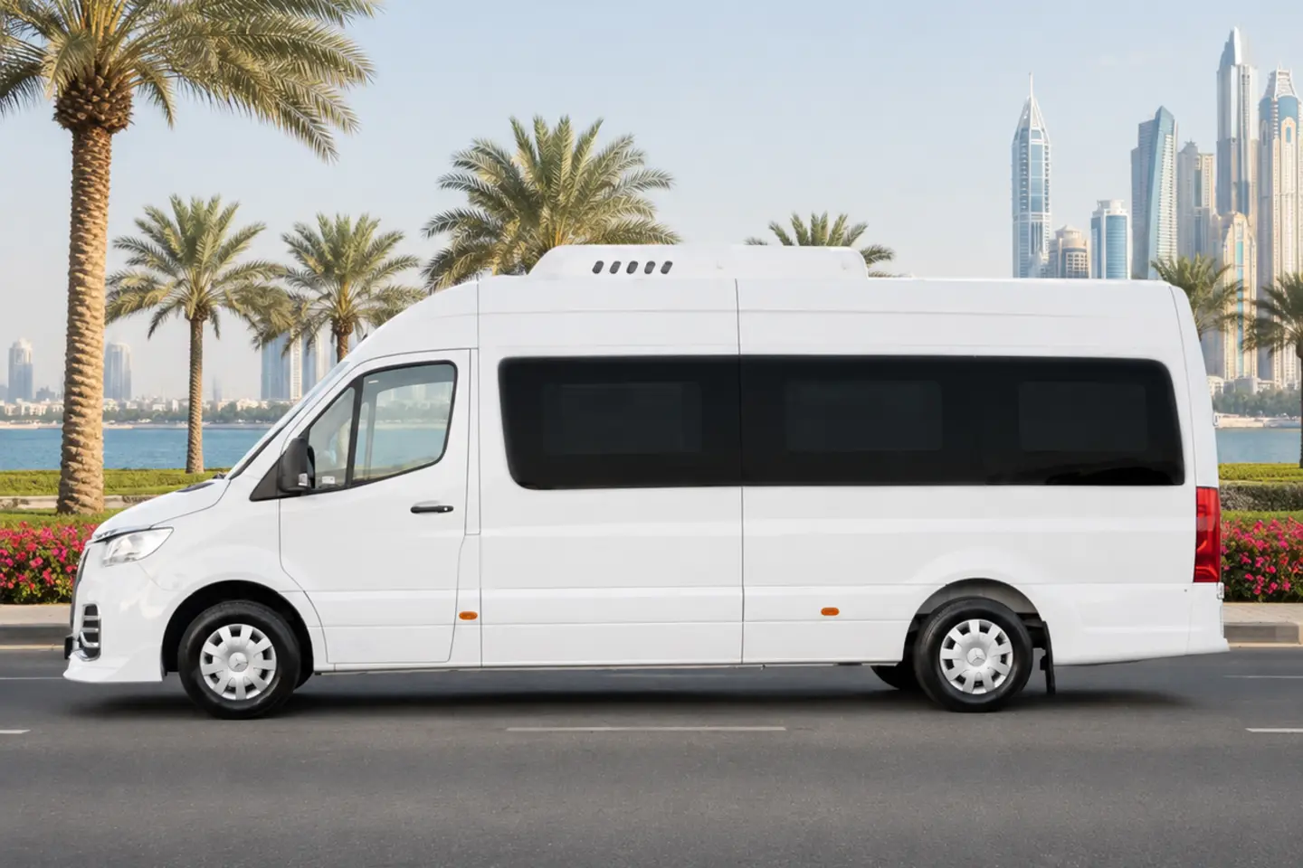 Illustrative white VIP-style Sprinter conversion in Dubai for a nineteen-passenger supplier enquiry
