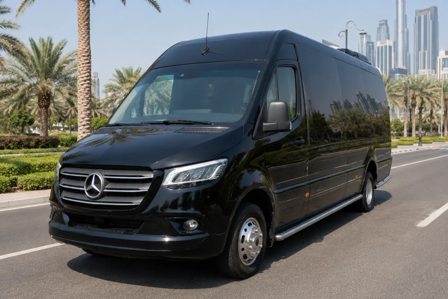 Illustrative black Mercedes Sprinter in Dubai for a nine-passenger group transfer request