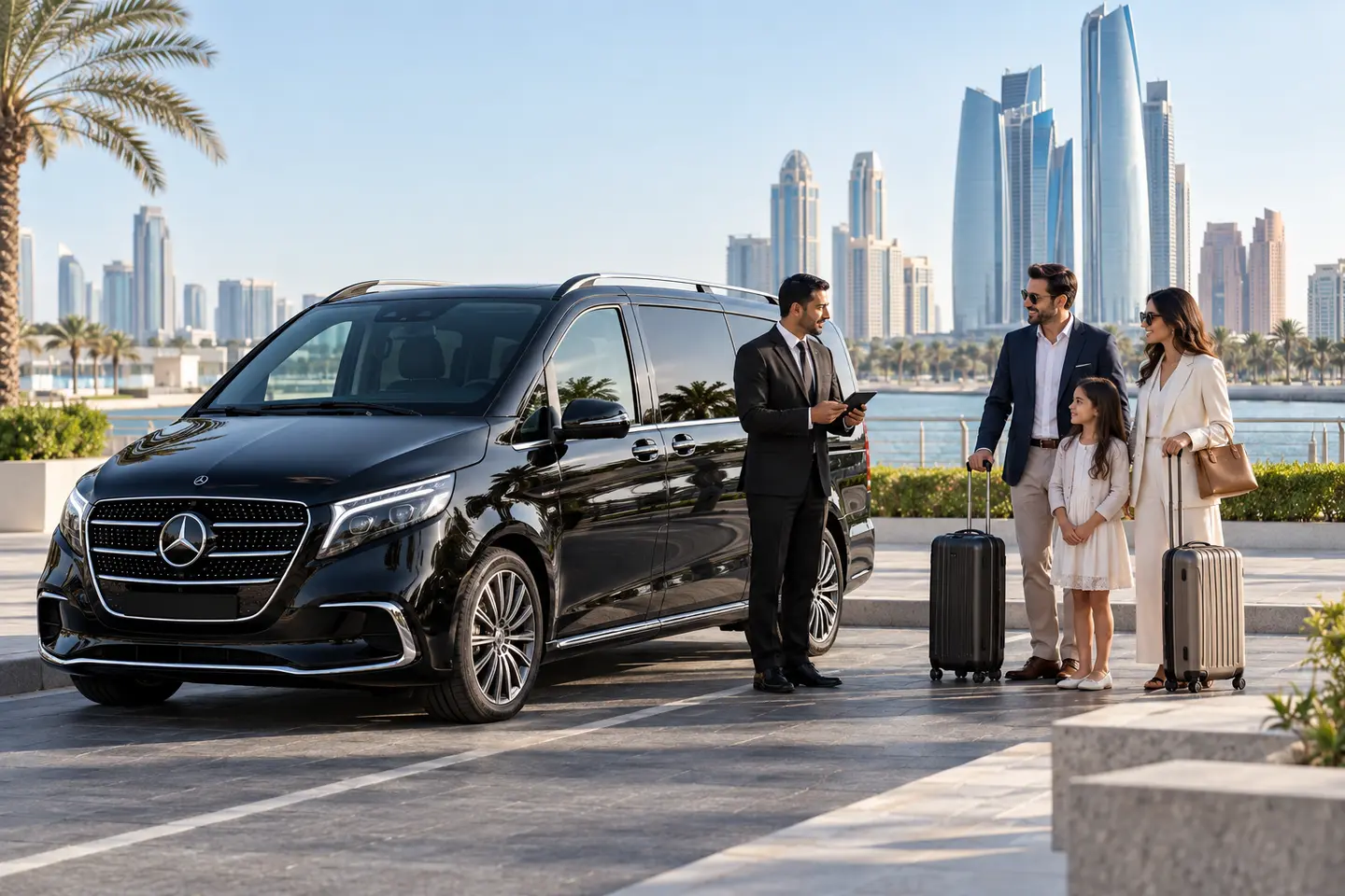 2026 Mercedes V-Class chauffeur transfer for passengers and luggage between Dubai and Abu Dhabi