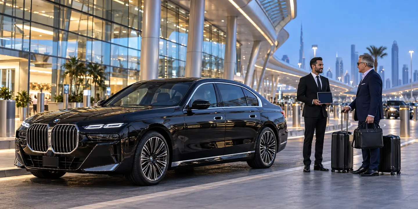 2026 BMW 7 Series airport chauffeur welcoming an executive traveller with luggage in Dubai
