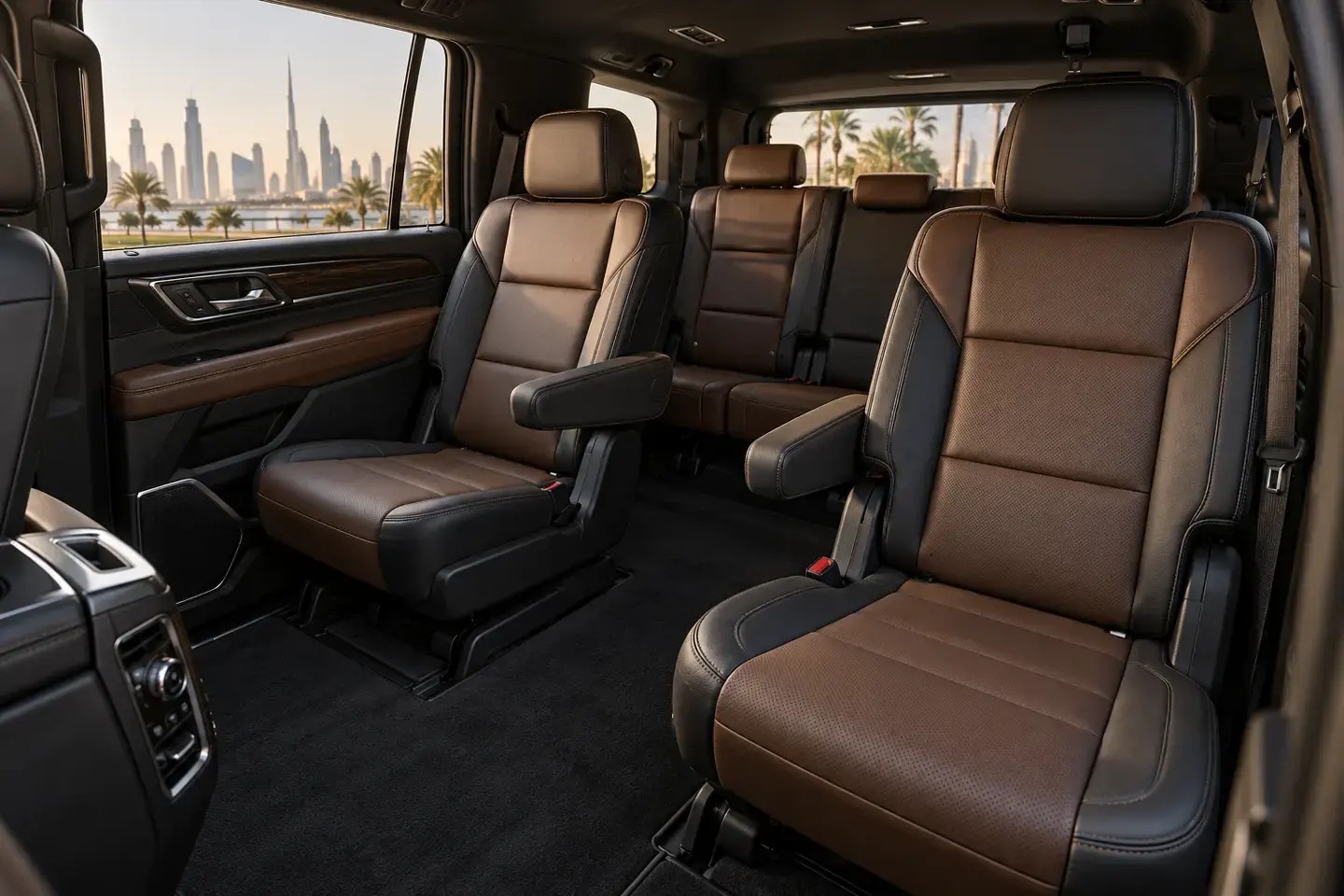 Illustrative three-row Chevrolet Tahoe passenger cabin for a Dubai chauffeur booking