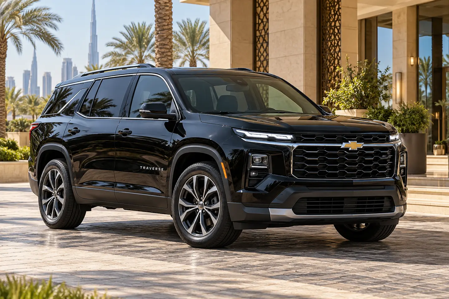 Illustrative current-shape black Chevrolet Traverse SUV at a Dubai hotel with doors closed and no registration plates