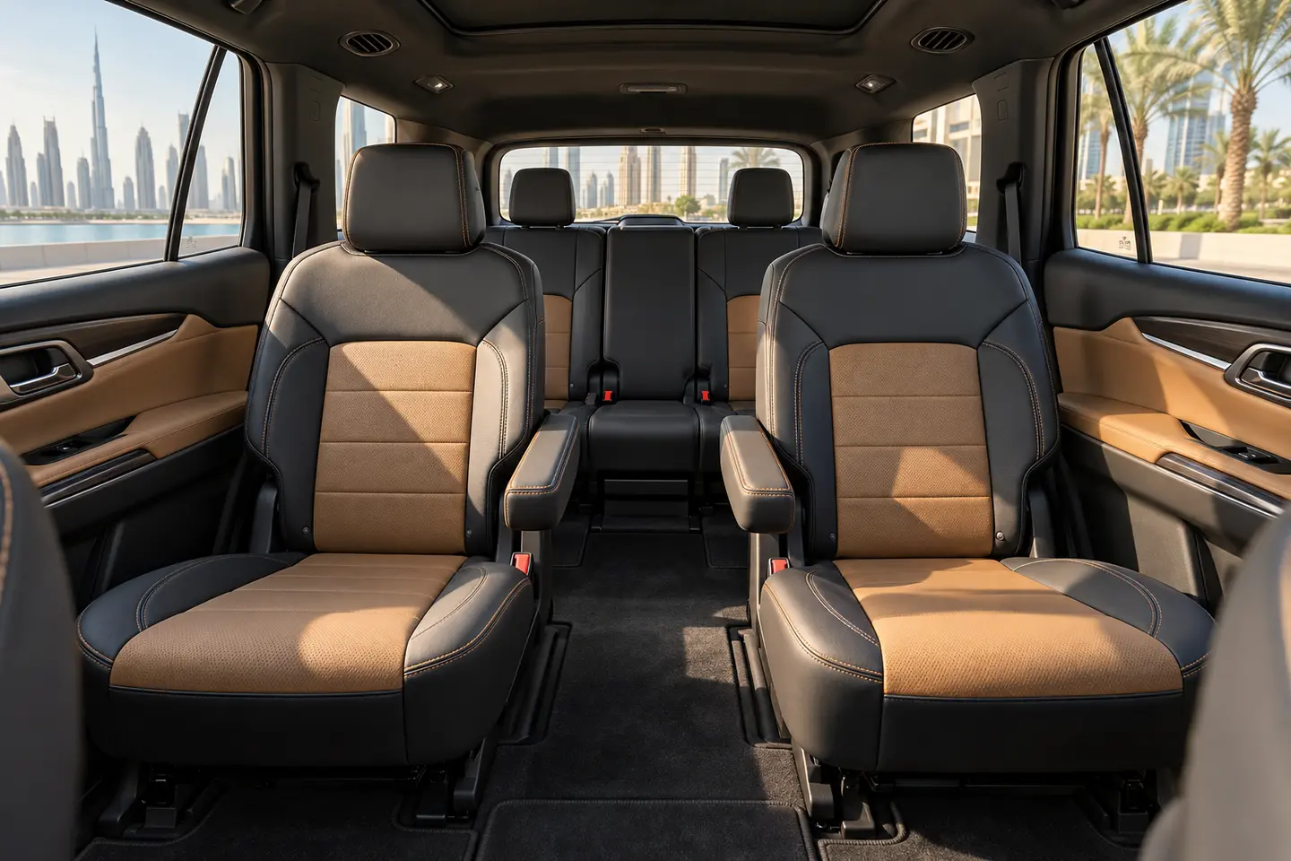 Illustrative three-row passenger cabin for a Chevrolet Traverse chauffeur request in Dubai