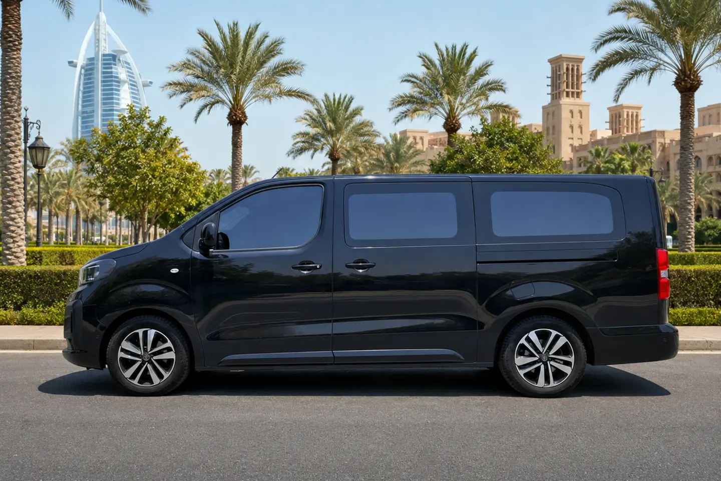 Illustrative black Citroën SpaceTourer passenger van in Dubai with all doors closed and no registration plates