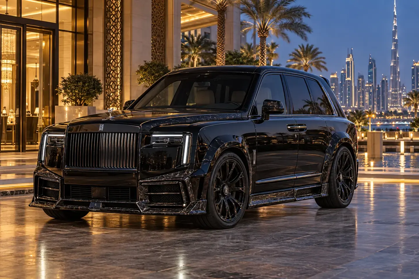 Artistic illustration of a custom-styled 2025 Cullinan Series II in Dubai; not a verified supplier vehicle
