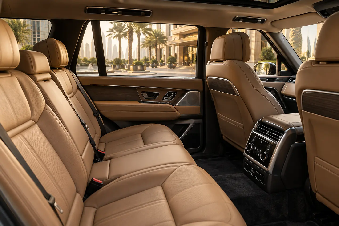 Illustrative modern full-size Range Rover tan leather rear passenger cabin for Dubai chauffeur travel