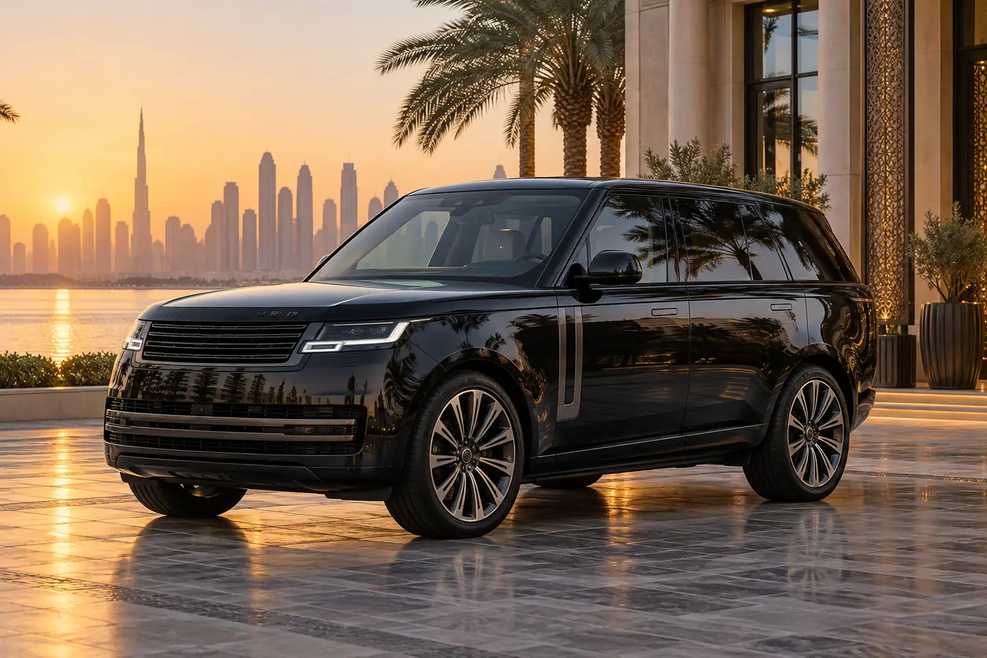 Illustrative current-generation black full-size Range Rover at a Dubai hotel with all doors closed, Vogue trim not verified