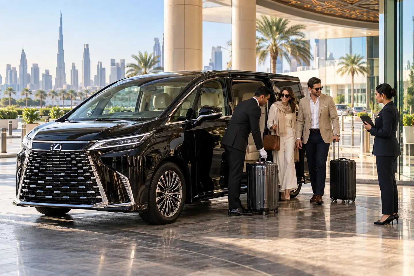 2026 Lexus LM chauffeur arrival for a Dubai DMC travel itinerary