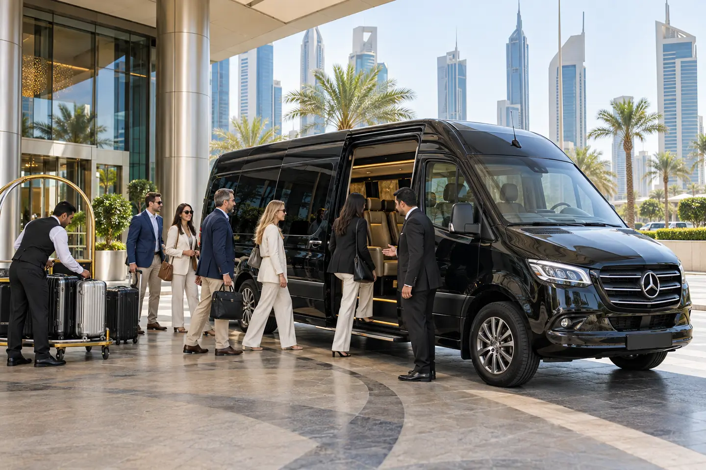 2026 Mercedes Sprinter coordinating a Dubai DMC delegation and luggage movement