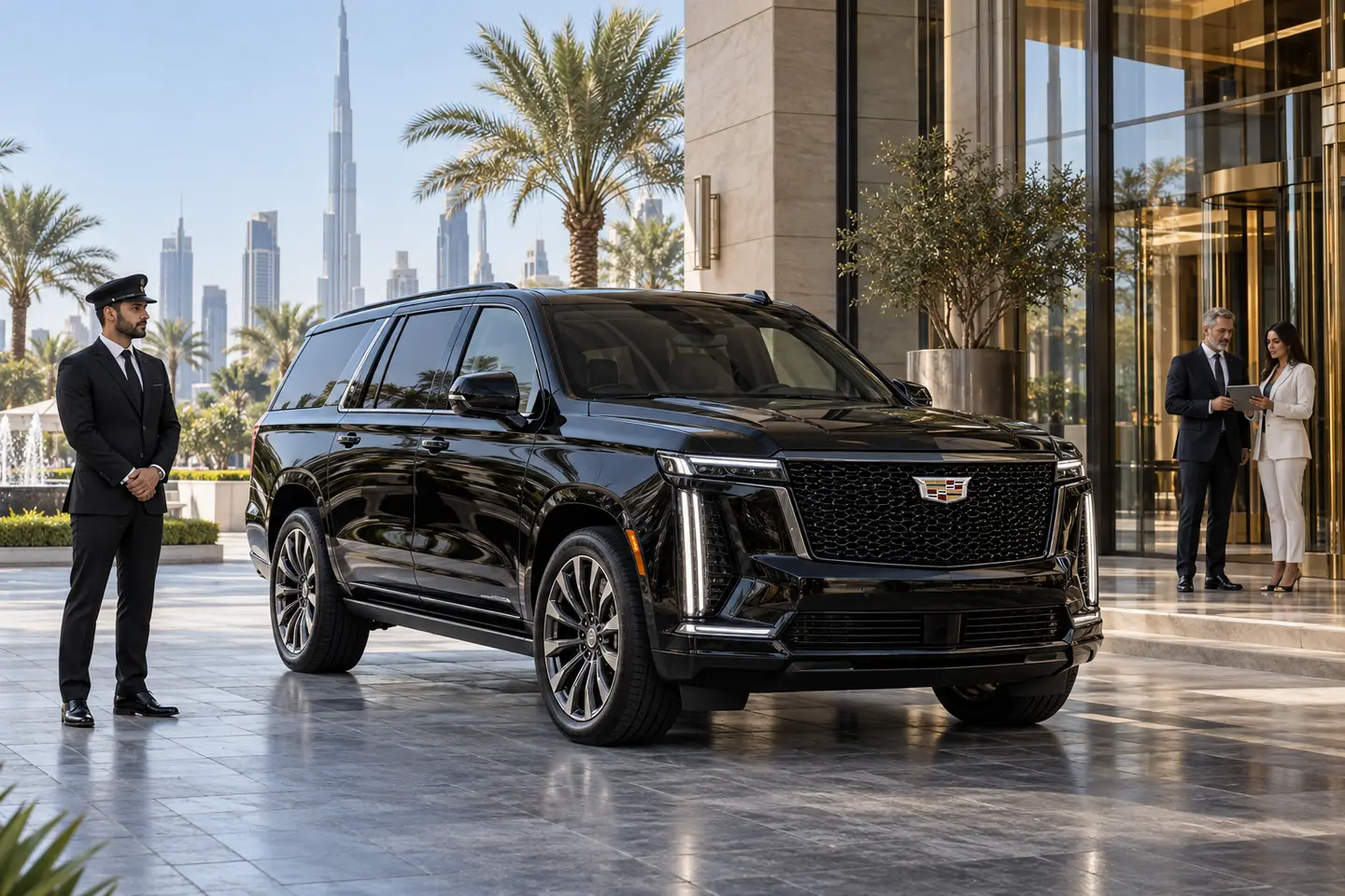 Current 2026 Cadillac Escalade executive chauffeur SUV in Dubai with all doors closed