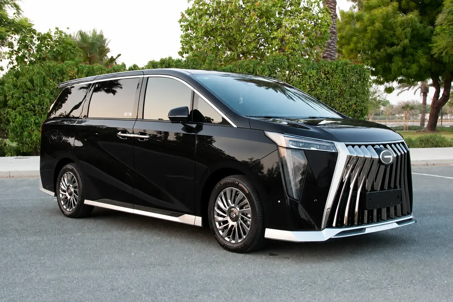 Black GAC M8 executive passenger MPV in Dubai with closed doors and no plate number