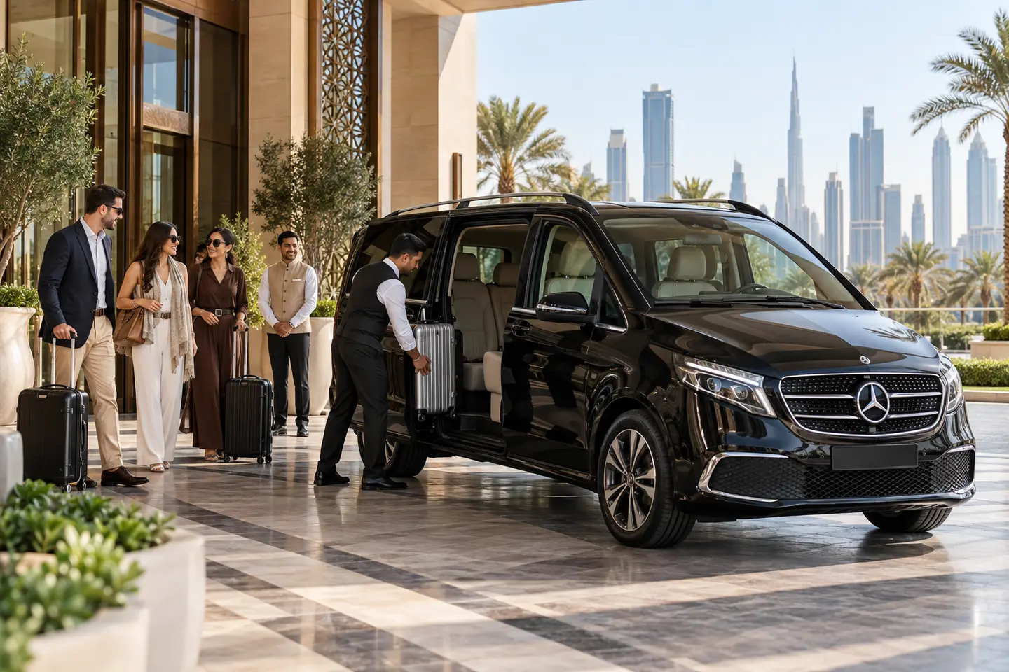 2026 Mercedes V-Class chauffeur transportation for hotel guests and luggage in Dubai