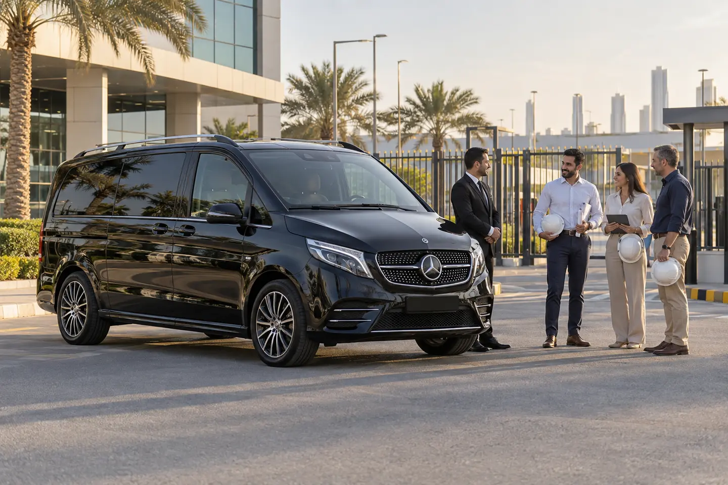 2026 Mercedes V-Class transporting an engineering project team outside a Dubai industrial campus