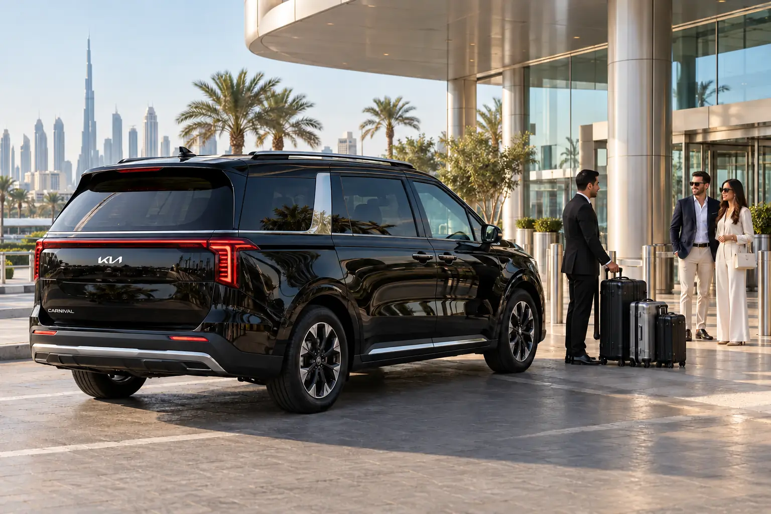 2026 black Kia Carnival prepared for a Dubai airport transfer with passengers, luggage and all doors closed