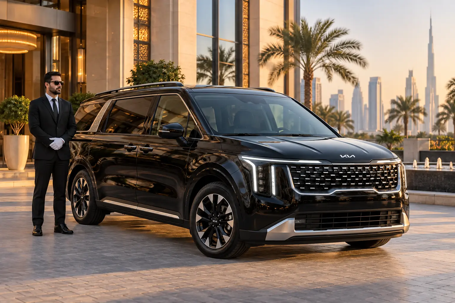 2026 black Kia Carnival chauffeur MPV outside a premium Dubai hotel with all doors closed