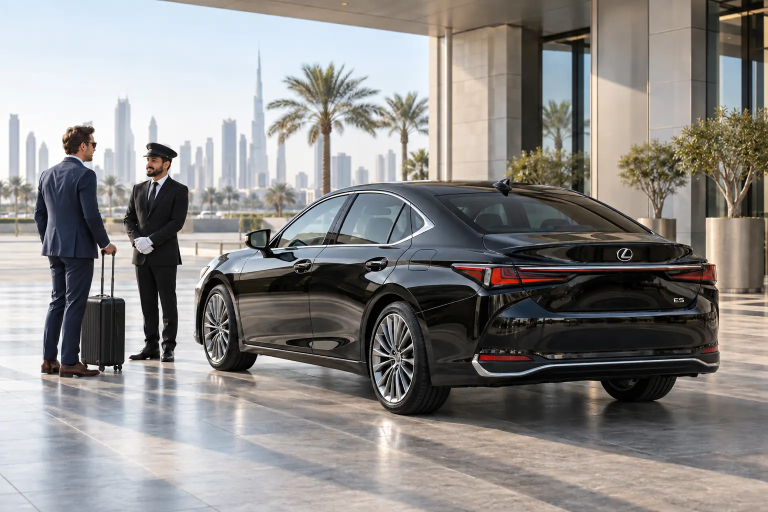 Black 2025 Lexus ES prepared for an executive Dubai airport transfer with all doors closed