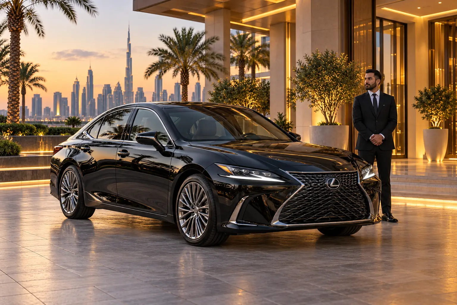 Black 2025 Lexus ES chauffeur sedan outside a premium Dubai hotel with all doors closed