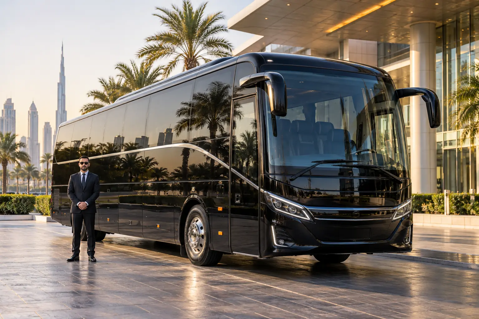 Black 2026 luxury coach prepared for chauffeur-driven group transportation in Dubai