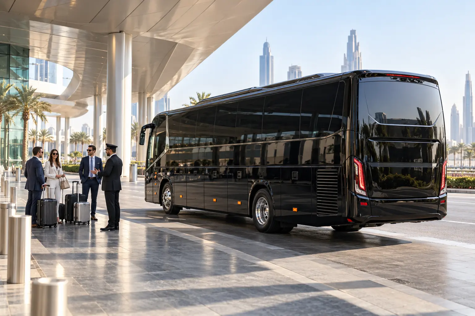 Black 2026 luxury coach prepared for a Dubai airport group transfer with all doors closed