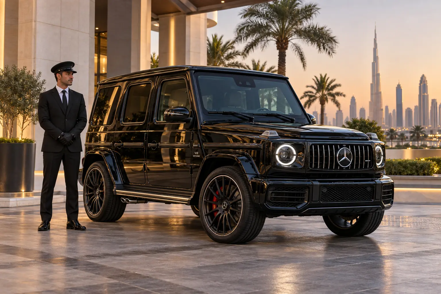 Black 2026 Mercedes-AMG G 63 prepared for premium chauffeur service in Dubai with all doors closed