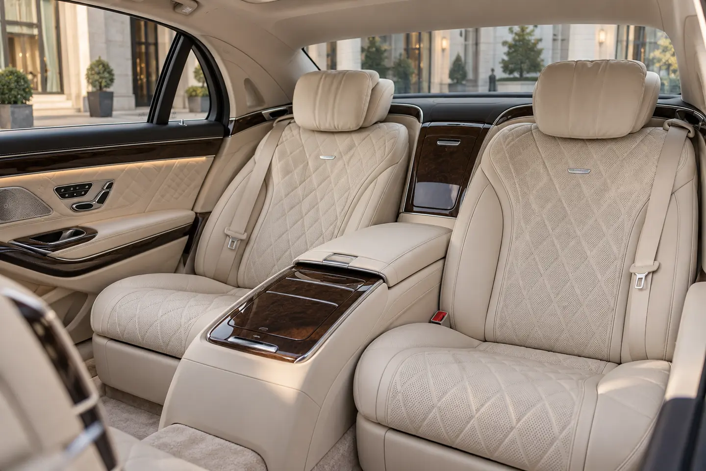 Illustrative cream-leather rear cabin for Mercedes-Maybach S-Class chauffeur travel in Dubai