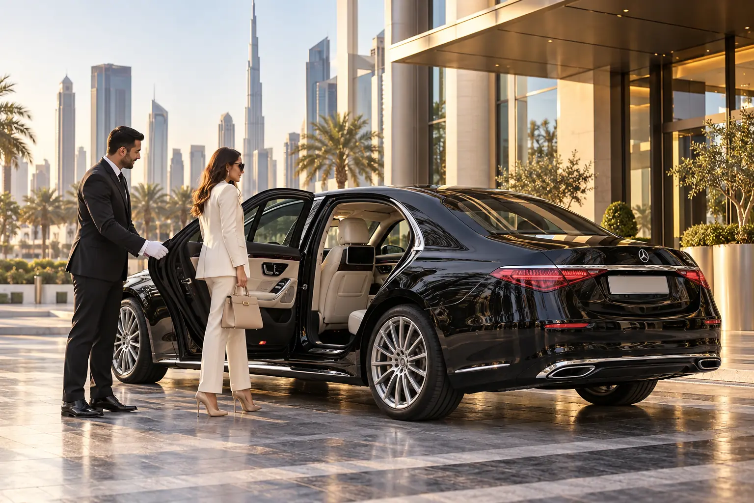 2026 black Mercedes S-Class chauffeur holding open doors for an executive passenger outside a premium Dubai hotel