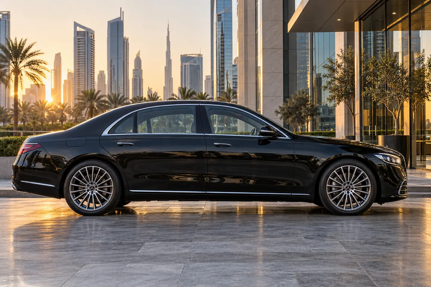 Black Mercedes S450 executive sedan in side profile outside a Dubai business building with all doors closed
