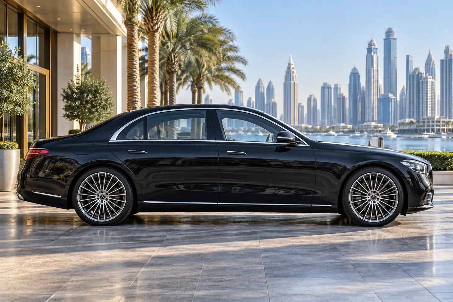 Black Mercedes S500 chauffeur sedan in side profile outside a Dubai waterfront hotel with all doors closed