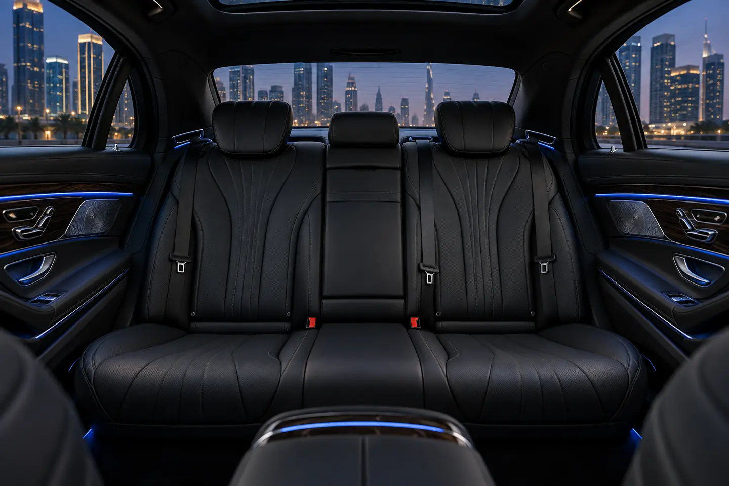 Illustrative dark leather rear passenger cabin of a standard Mercedes S-Class sedan at blue hour