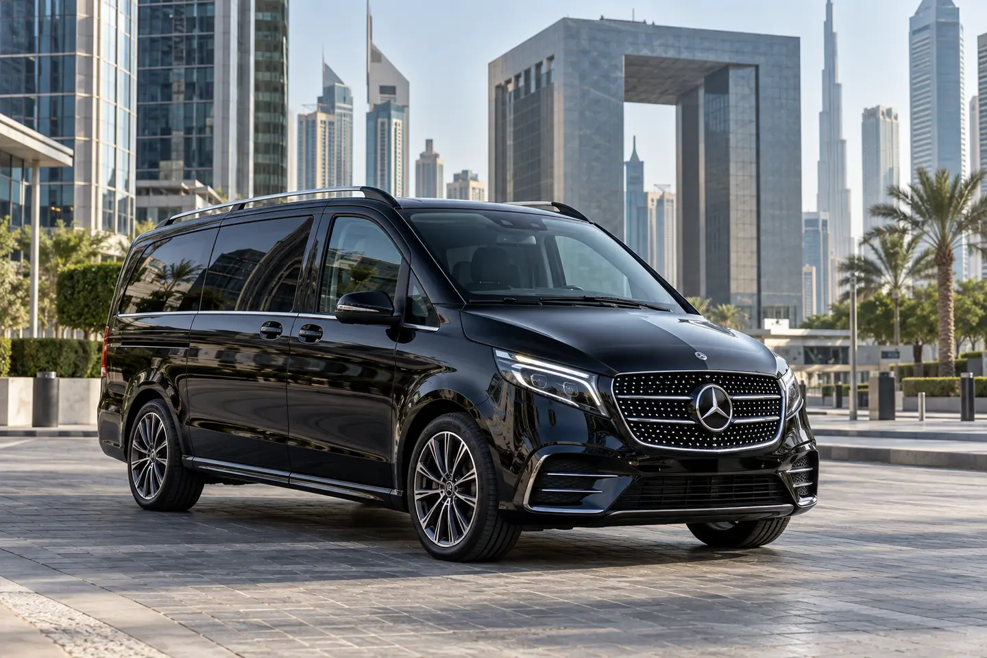 Illustrative current-shape black Mercedes V-Class for a V250 chauffeur request in Dubai with all doors closed