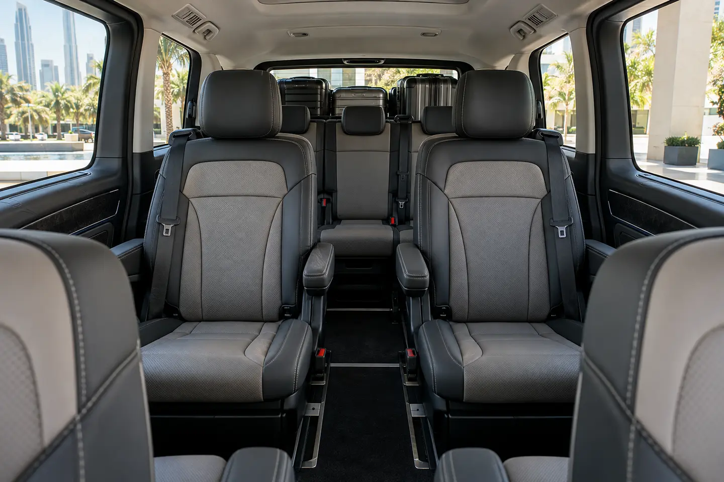 Illustrative standard Mercedes V-Class passenger cabin showing seats and luggage stowage for V250 requests