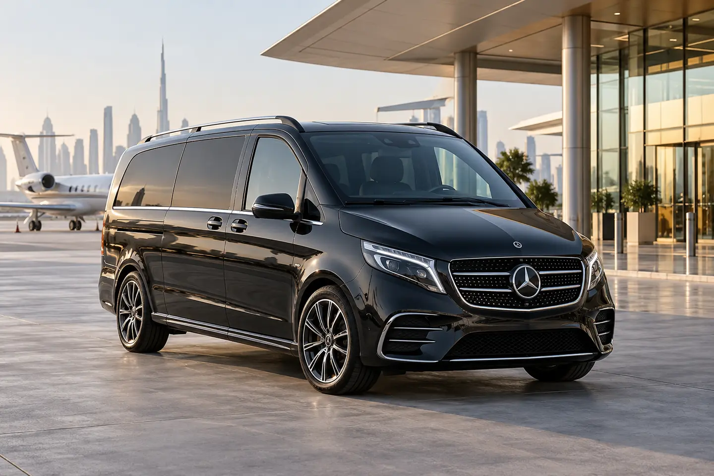 Illustrative black Mercedes V-Class for V300 chauffeur requests outside a Dubai private aviation terminal, all doors closed
