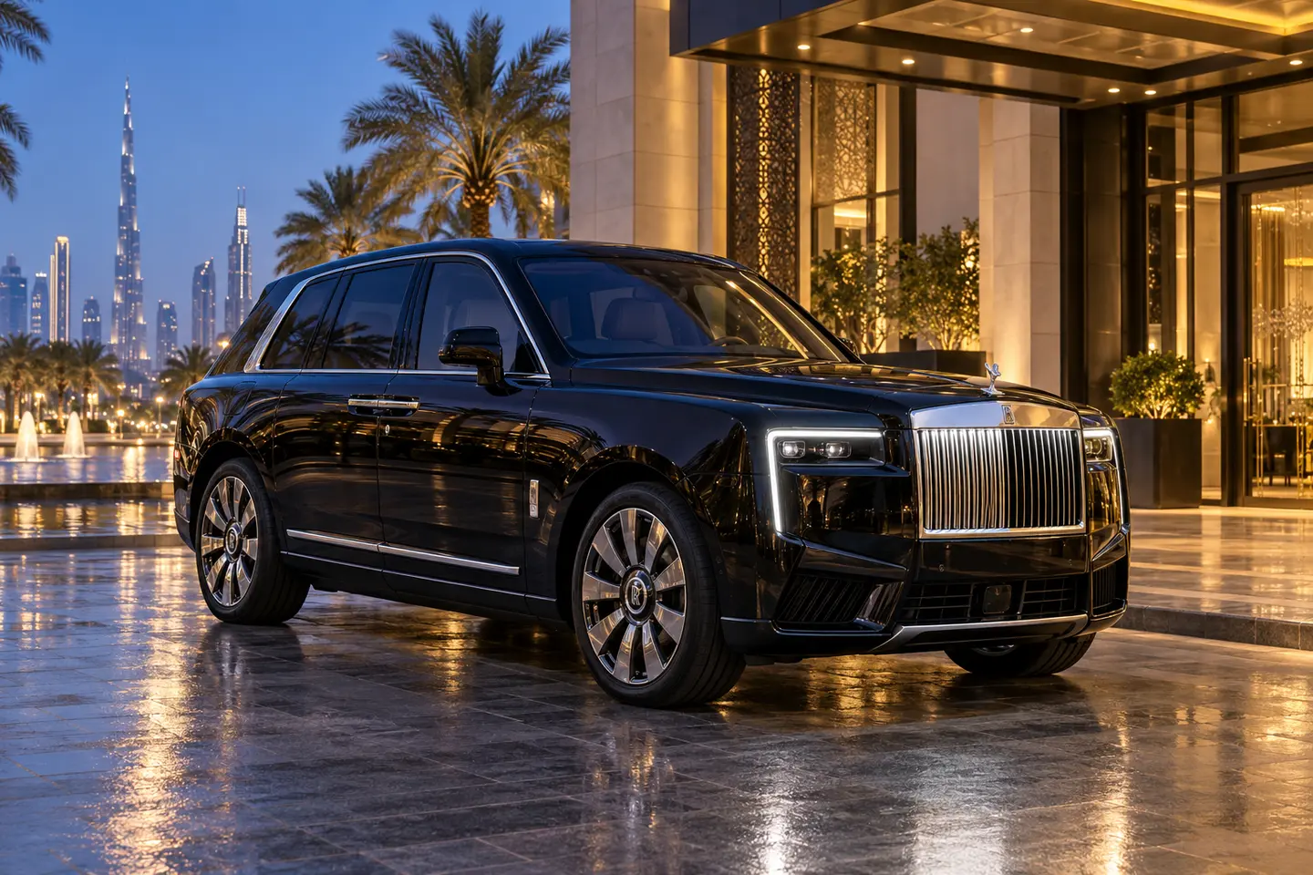 Illustrative black Rolls-Royce Cullinan Series II at a Dubai hotel with all doors closed and no plates
