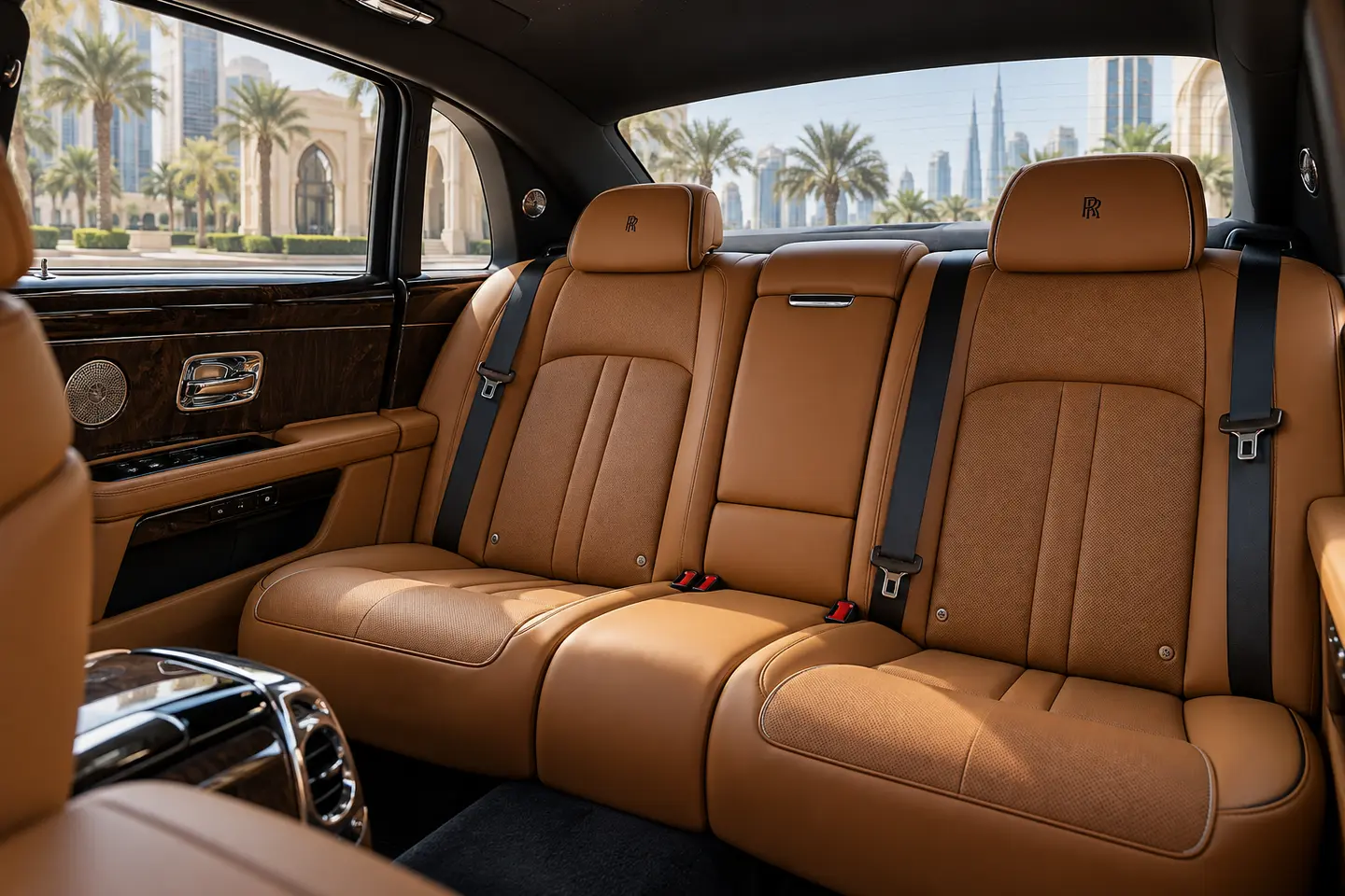 Illustrative tan leather rear passenger cabin of a contemporary Rolls-Royce Ghost for Dubai chauffeur travel