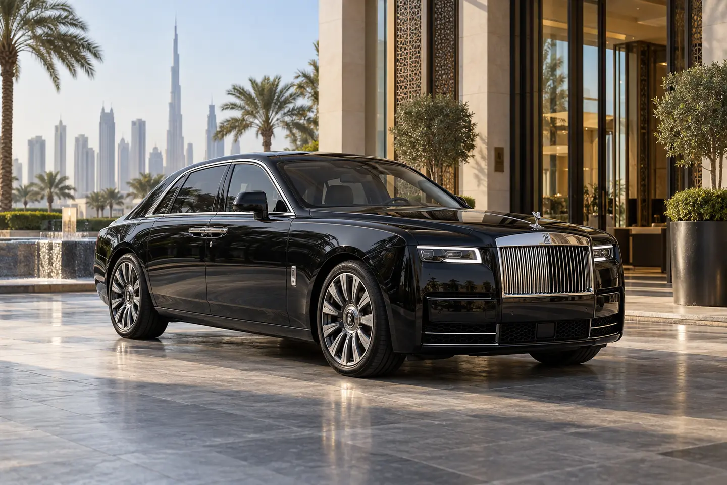 Illustrative black Rolls-Royce Ghost Series II luxury sedan at a Dubai hotel, all doors closed and no plates