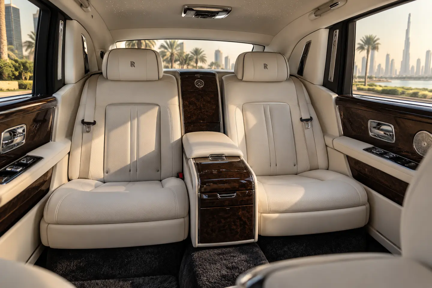 Illustrative cream leather Rolls-Royce Phantom rear cabin with two separate passenger seats in Dubai